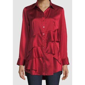 Finley Jenna Red Satin Long Sleeve Blouse Ruffle Accent Button-Up Women's Size L